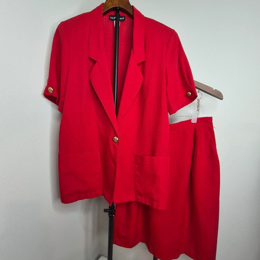 Vintage Sag Harbor 80s Red Skirt Suit Short Sleeve Blazer‎ Size 10 Skirt Size 12